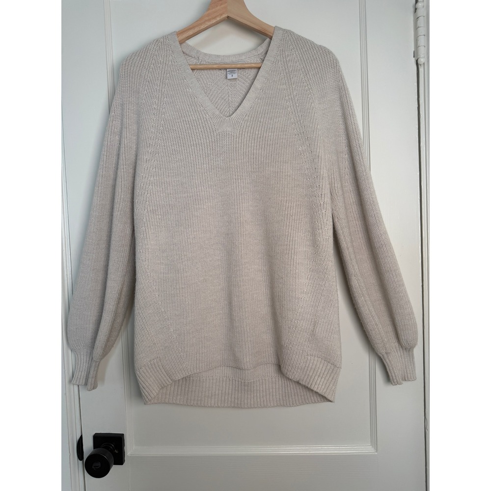 Athleta Merino Wool Blend V-Neck Chunky Shaker Stitch Sweater Oatmeal Small Cozy